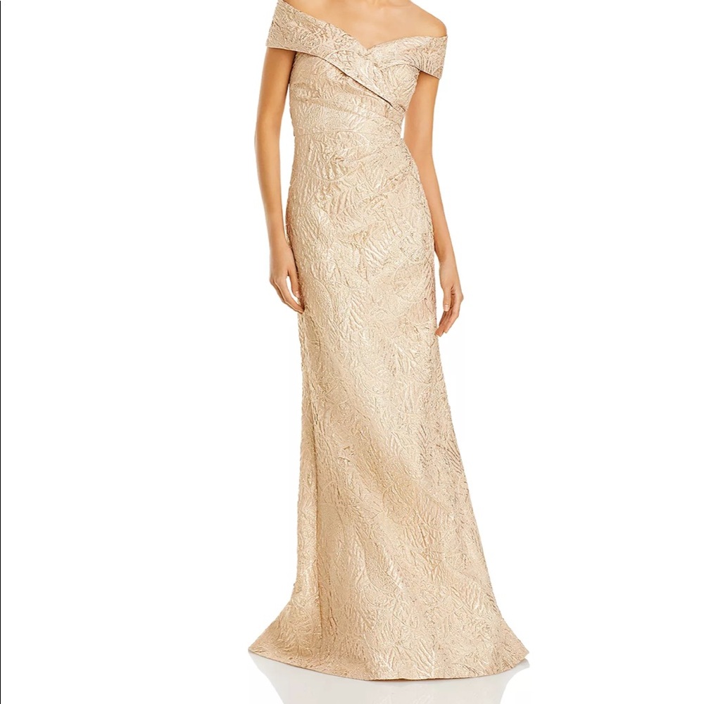 NWT Teri Jon Metallic Jacquard Off-the-Shoulder Gown